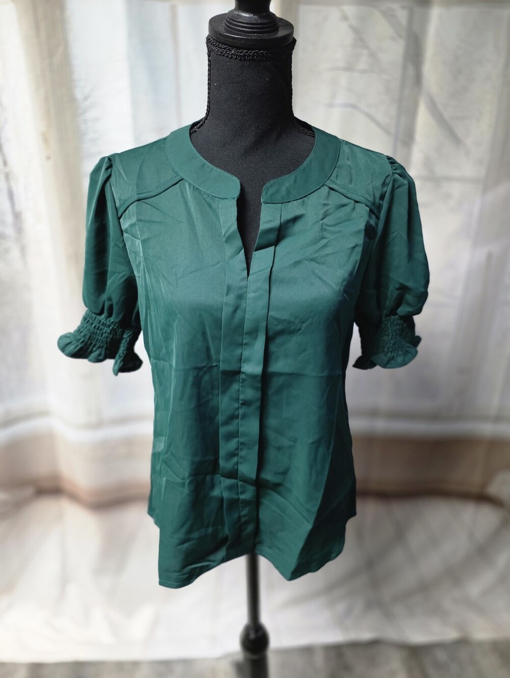 Kohl's Emerald Green Split-Neck Blouse with Smocked Puff Sleeves